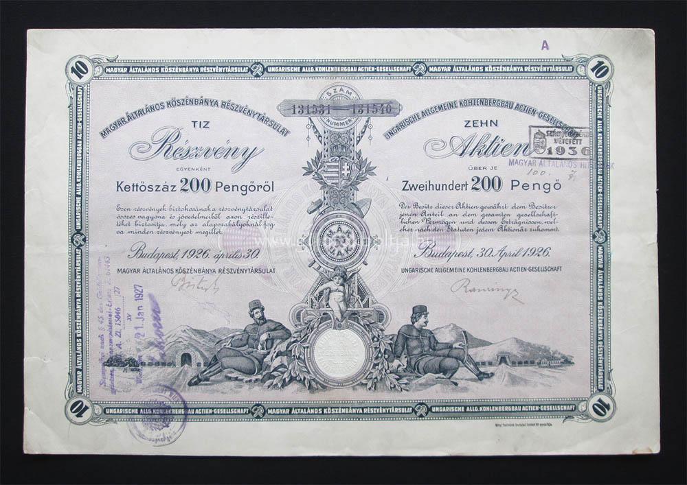 Magyar Általános Kőszénbánya részvény 10x200 pengő 1926
